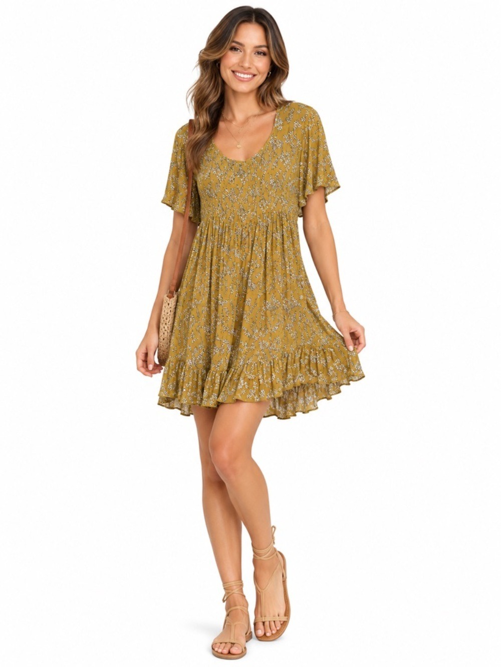 Patrons of Peace Yellow Midi Dress Bloomcore Floral Flutter Sleeve Gypsy Size L